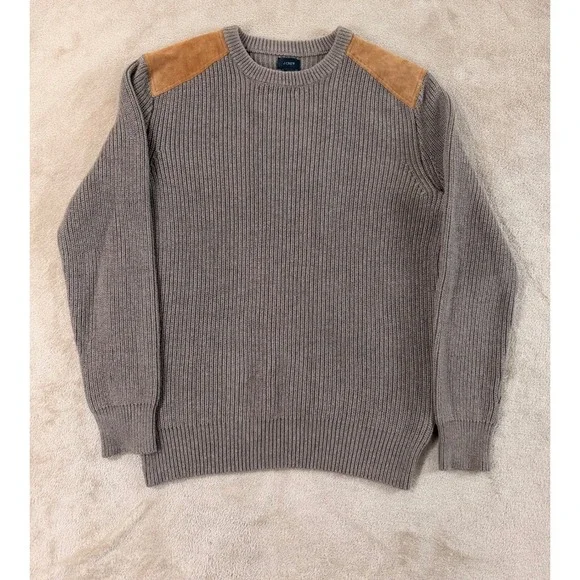 J.Crew Woodsman Ribbed Knit Sweater Men M Leather Shoulder Patches Brown EUC - Picture 1 of 10